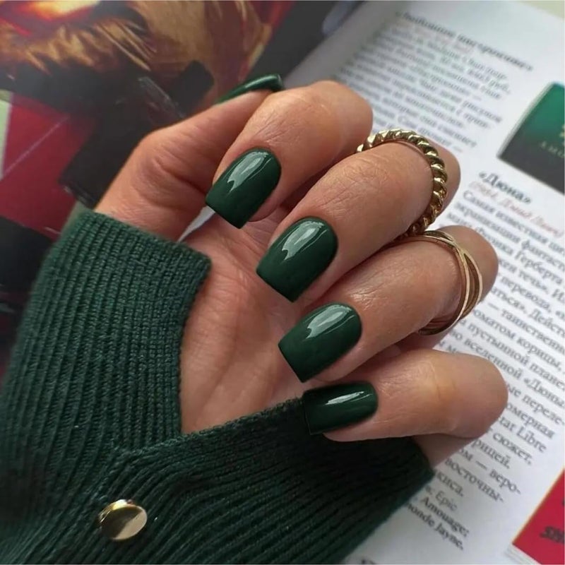 KQueenest 48 Pcs Dark Green Press on Nails Short Square, Acrylic Artificial Nail Glue on False Nails for Women DIY Manicure - Image 1
